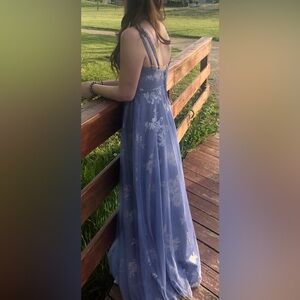 Blue and silver floral prom dress